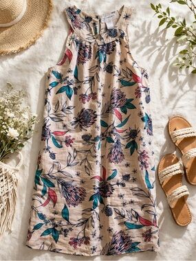 100% linen boho Rachel Ashwell Floral Sleeveless mini dress cottagecore coastal